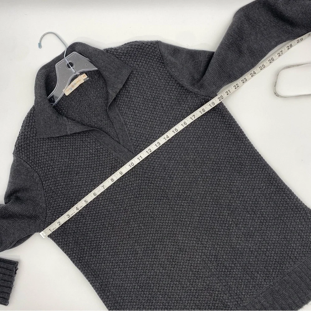 Tory Burch Charcoal Gray Henley Melange Classic Wool Honeycomb Sweater size M